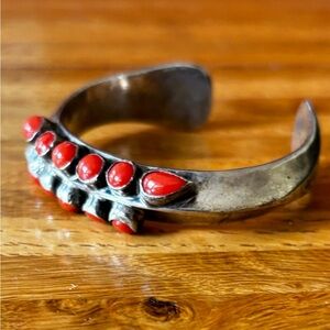 Vintage Native American Silver & Coral Cuff Bracelet